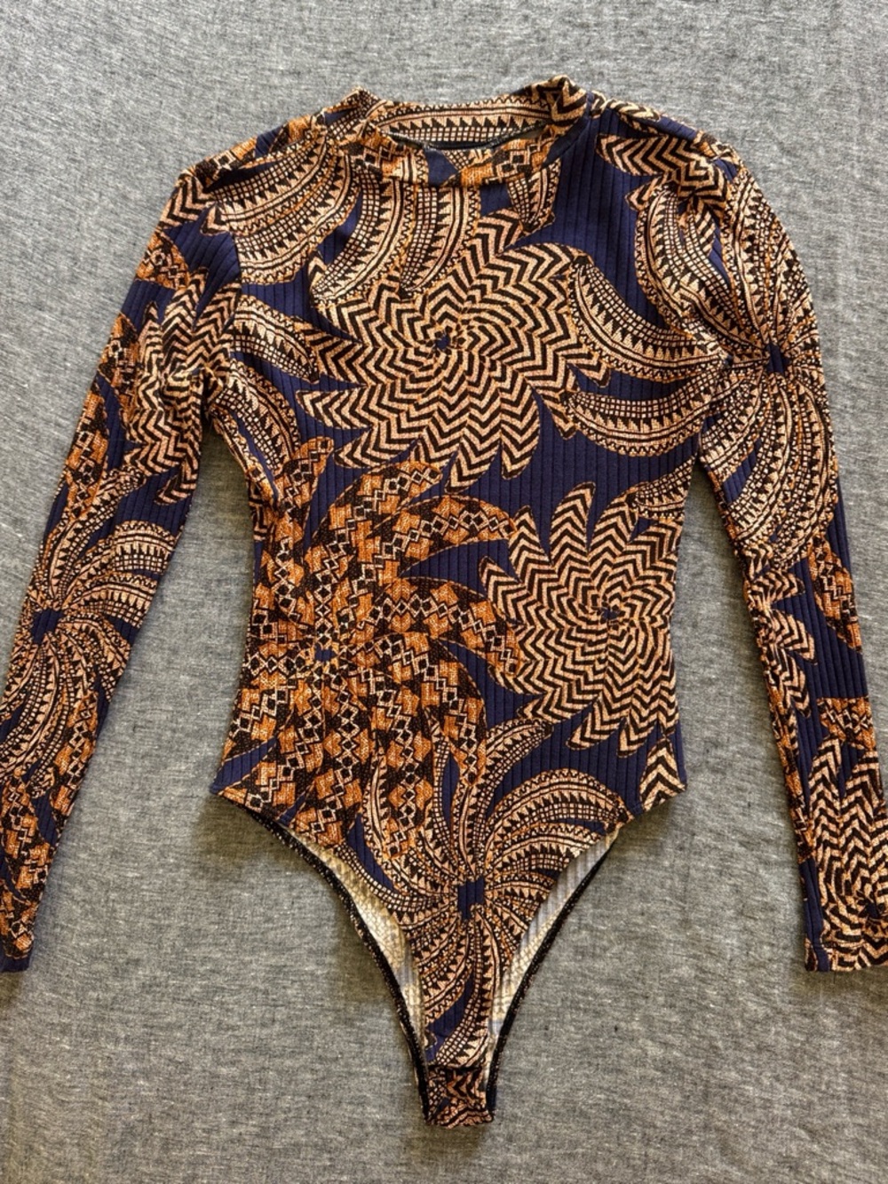 FARM Rio Navy and Brown Long-Sleeve Printed Ribbed Bodysuit